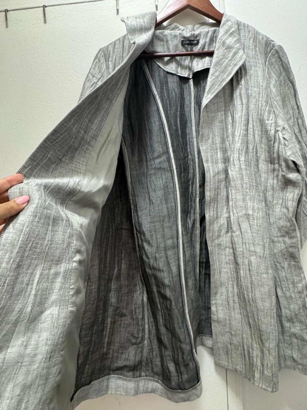 Eileen Fisher Doubleweave Crinkle Sheen Jacket Silver Silk Jacket Medium - Picture 4 of 6